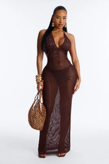 Maren Crochet Swim Cover Up Halter Maxi Dress - Dark Brown