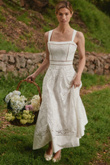 white stretch cotton broderie anglaise midi dress
