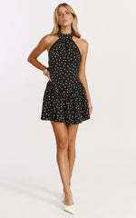 Ruby Mini Dress - Halter Neck Tie Drop V Waist  Gathered Dress in Black Polka Dot Print