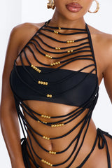 Hot Sand Energy Draped 2 Piece Beaded Bikini Set - Black