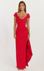 Skye Maxi Dress - V Shaped Neckline Short Sleeve Dress in Red