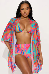 Kairi Ruched Boyshort & Kimono 3 Piece Bikini Set - Multi Color