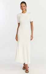 Lanie Midi Dress - Knitted Crew Neck Short Sleeve Dress in Cream