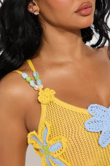 Spring Love Crochet One Shoulder Floral Cover Up - Yellow/combo