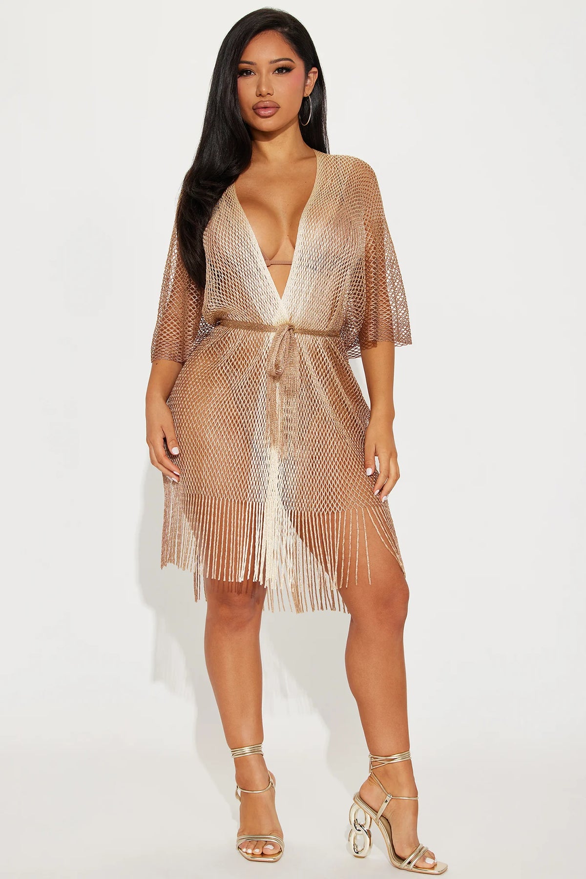 Touch Of Sun Fringe Cover Up Kimono - Gold
