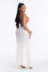 Raven Crochet Cut Out Maxi High Slit O-Ring Swim Cover Up Dress - White