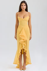 apricot ruffled front gown