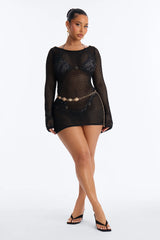 Cassie Crochet Deep Scoop Backless Cover Up Dress - Black