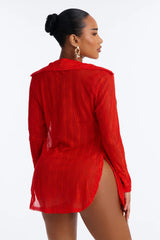 Take It Easy Mesh Cover Up Button Up Shirt - Red