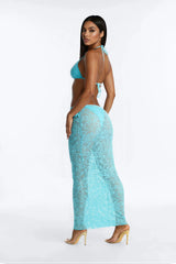 Nicolette 3 Piece O-Ring Bikini & Cover Up Lace Maxi Skirt Sunsuit - Blue