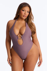 Shore Hips Hardware Scoop High Leg 1 Piece Swimsuit - Mocha