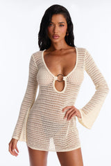 Clare Textured Long Sleeve O-Ring Swim Cover Up Dress - Cream
