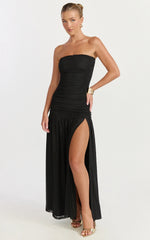 Lara Maxi Dress - Strapless Ruched Mesh High Leg Split Dress in Black
