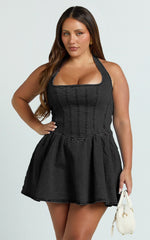 Hayes Mini Dress - Halter Neck Corset Bodice Dress in Washed Black