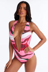 Coconuts For CocoCay Abstract Scoop 1 Piece Swimsuit - Pink/combo