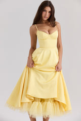 sunshine yellow satin tulle midi dress