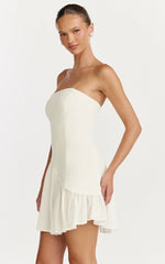 Calla Mini Dress - Strapless Gathered Asymmetric Dropped Waist Dress in White