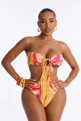 Sweet Escape 1 Piece Bandeau Bikini Mesh Sarong Set - Yellow/combo