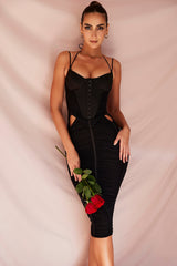 black ruched midi dress