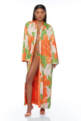 Tropic Oasis Vacation Kimono Bikini 3 Piece Set - Orange/combo
