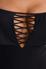 Take One Shoulder Ruffle Sleeve Lace Down Ribbed 1 Piece Swimsuit - Black