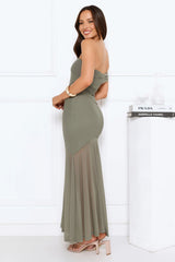 Sepia Sunset One Shoulder Mesh Maxi Dress Sage