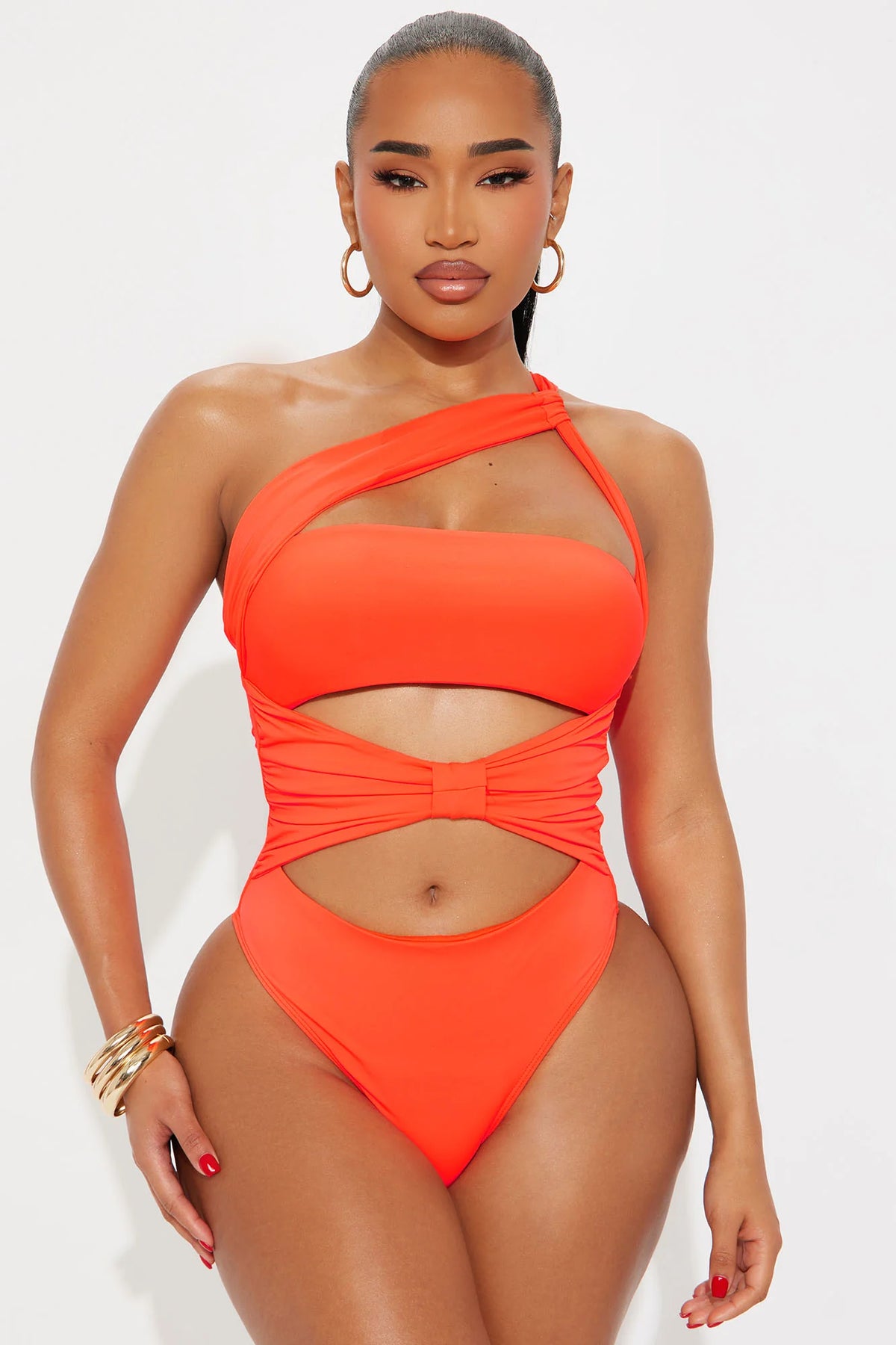 Heat Waves One Shoulder Cutout 1 Piece Swimsuit - Orange