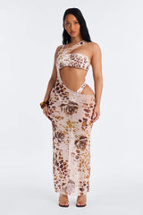 Living 3 Piece Floral Animal Print Bandeau Bikini & Mesh Cover Up Dress - Nude/combo