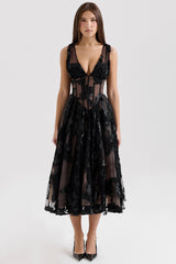 black embroidered tulle corset midi dress