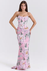pink floral corset maxi dress
