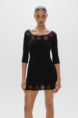 Kaia Crochet Knit Mini Dress - Black
