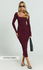Lucy Midi Dress - Ribbed Side Ruched Bodycon Dress in Wine