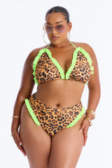 Feelin Fierce 2 Piece Leopard Triangle Ruffle Bikini Set - Lime