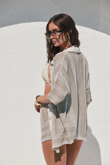 Caroline Crochet Button Up Cover Up 2 Piece Shorts Set - Tan