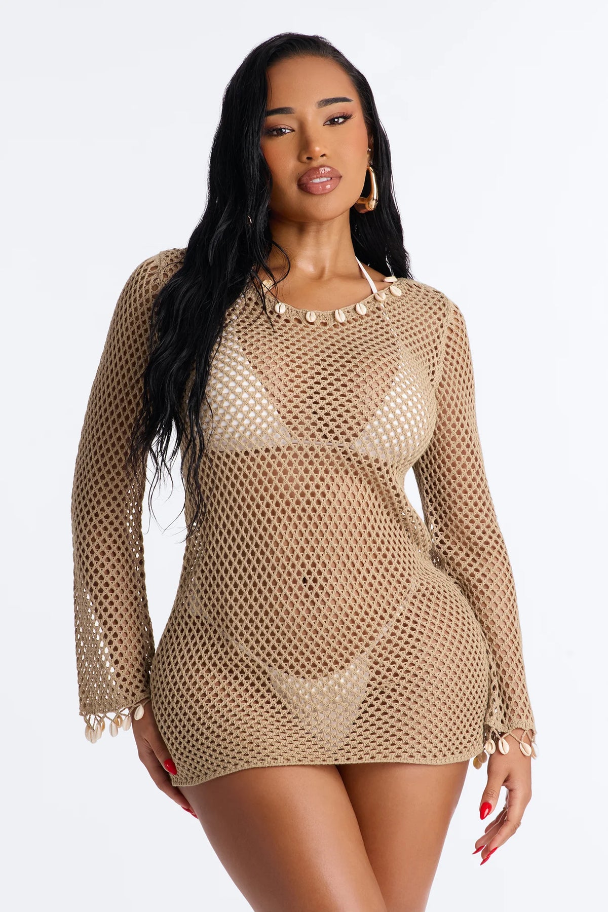 Citlally Long Sleeves Mini Swim Cover Up Dress - Taupe