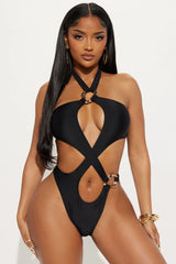 Paradise Villa Hardware Halter Cutout Thong 1 Piece Monokini - Black