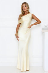 She’s A Dream Satin Off Shoulder Maxi Dress Yellow