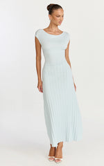 Jadey Midi Dress - Cap Sleeve Pleated Dress in Pale Blue
