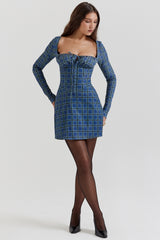 blue tartan corset mini dress