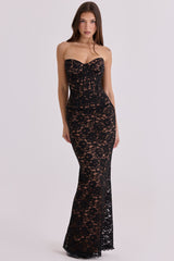 black + blush lace corset maxi dress