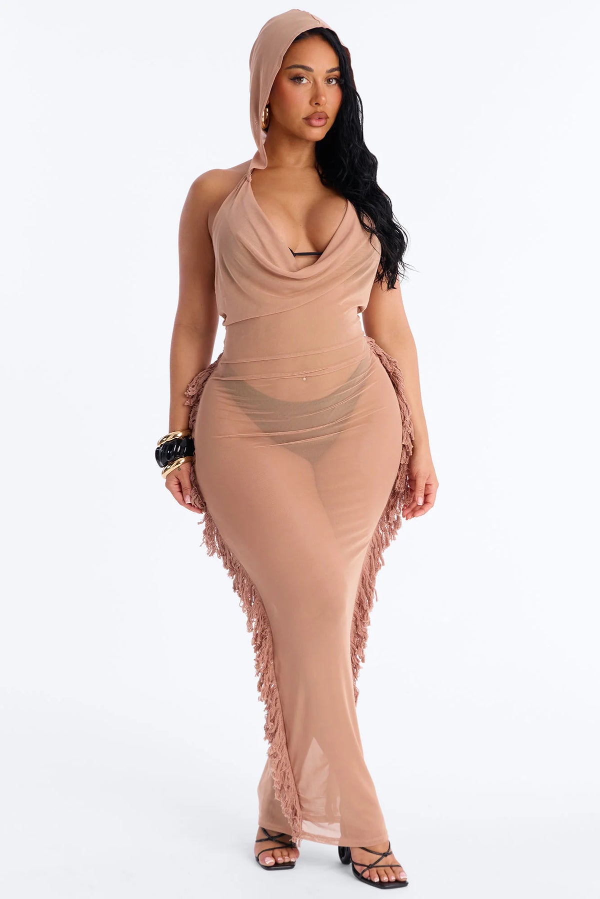 Keep Cool Fringe Hooded Mesh Cover Up Maxi Dress - Mocha