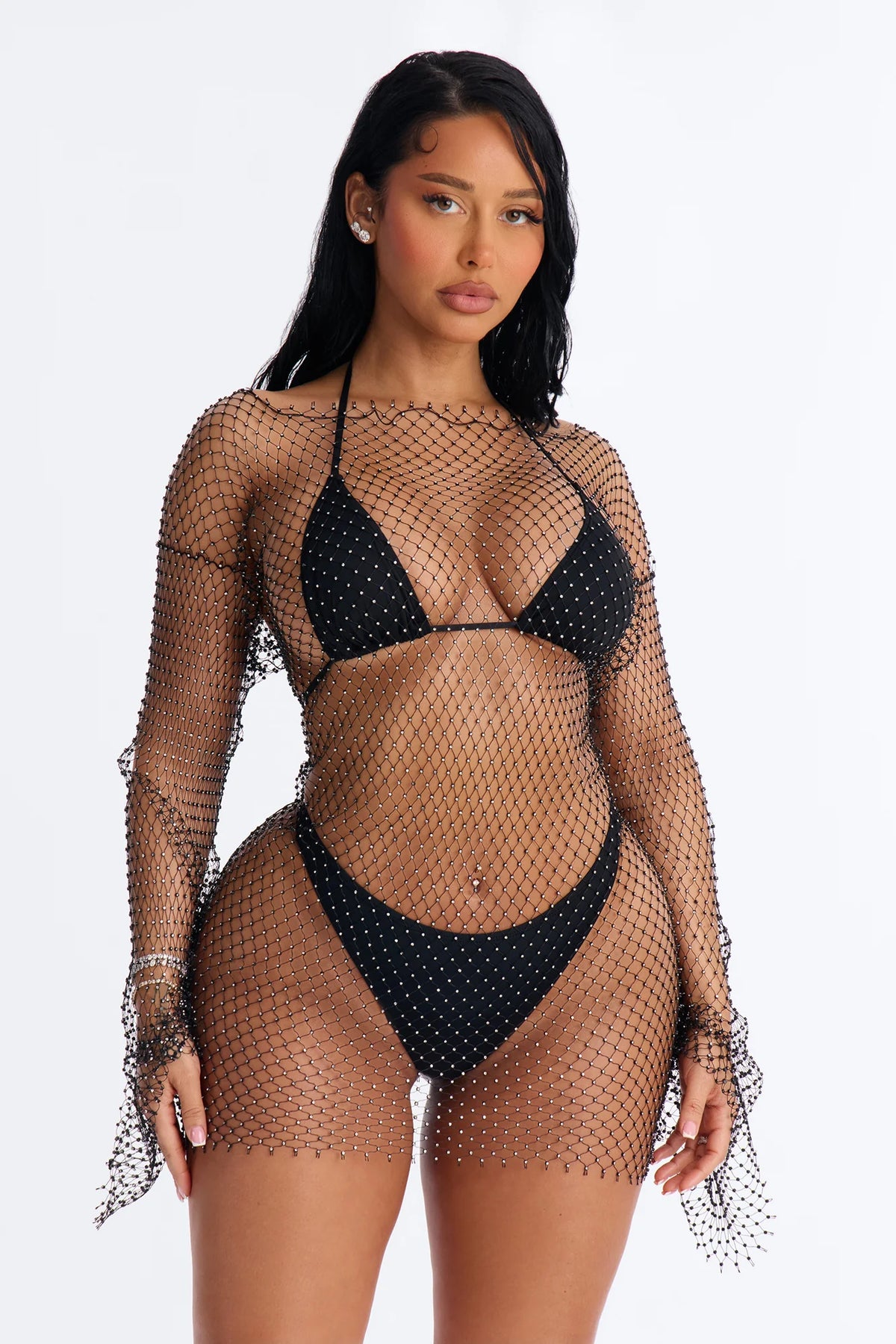 Caught In Rhinestone Fishnet Swim Cover Up Mini Dress - Black