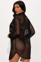 Drinks Under The Sun Fishnet Button Up Cover Up Shirt - Black