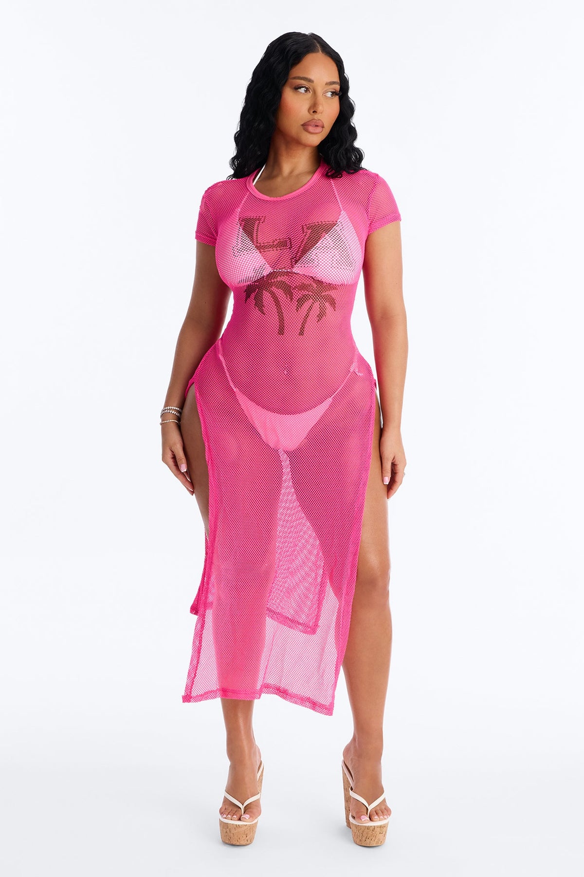 LA Nights Fishnet Cover Up Dress - Pink