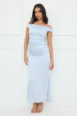 Polished Radiance Off Shoulder Satin Maxi Dress Blue