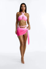 Sun Sea And Smiles Ombre Charm Jewels Waist Tie 3 Piece Bikini Sarong Set - Pink/combo
