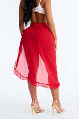 Beach Vibes Maxi Ruffle Trim Waist Tie Swim Cover Up Sarong - Red