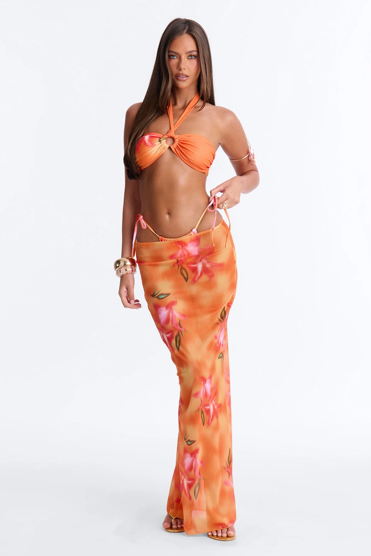 Susanna Floral Bandeau Maxi 3 Piece Bikini Skirt Set - Orange
