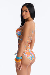 Wave Catcher Asymmetrical One Shoulder Side Lace Down Ties 1 Piece Swimsuit - Orange/combo