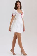 white broderie anglaise puff sleeve mini dress